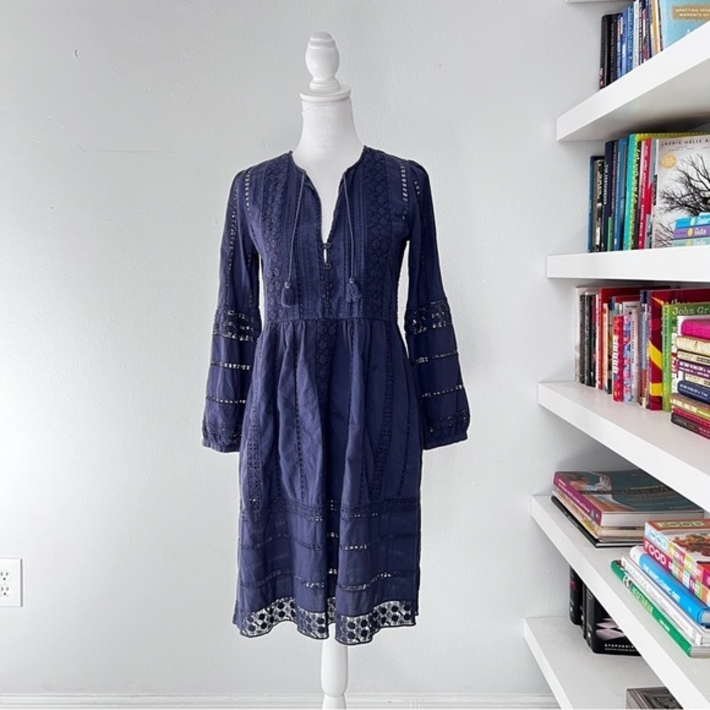 Sea Long Sleeved Embroidered Bell Lace Sleeve Dress In Navy Size 2